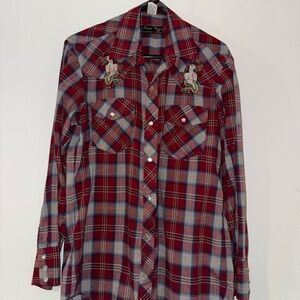 Red Plaid Western Shirt with Embroidery